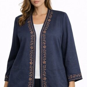 Alfred Dunner Woman Navy Blue Floral Embroidered Open Front Blazer Jacket 18W